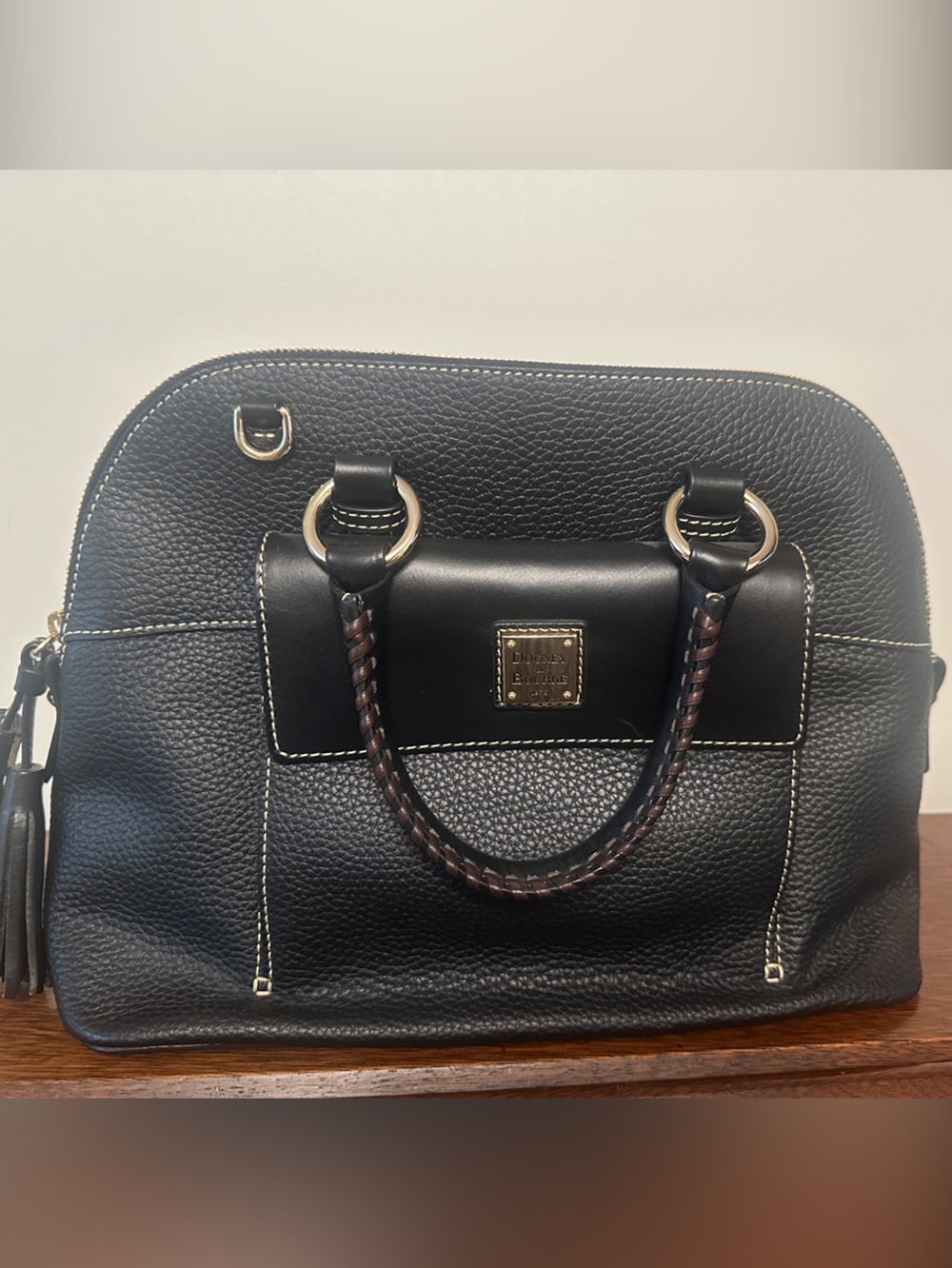 Dooney & Bourke Black Pebble Leather Dome Satchel with Braided Handles